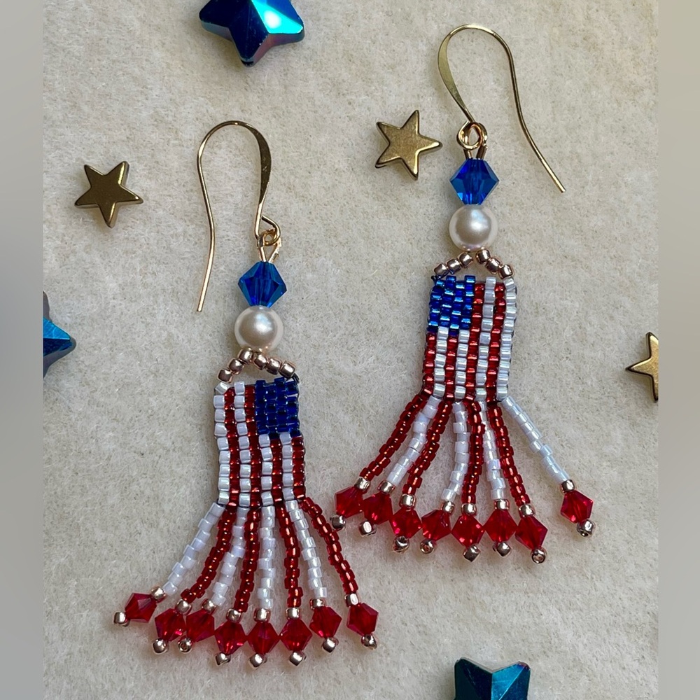 Patriotic hand stitched streamer flag fringe earrings🇺🇸✨